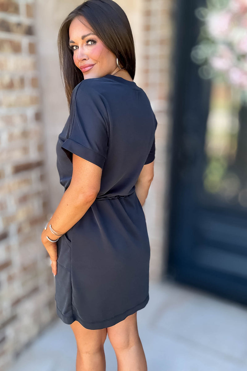 Gotta Go Charcoal Solid Drawstring Waist Pocket Front Mini Dress