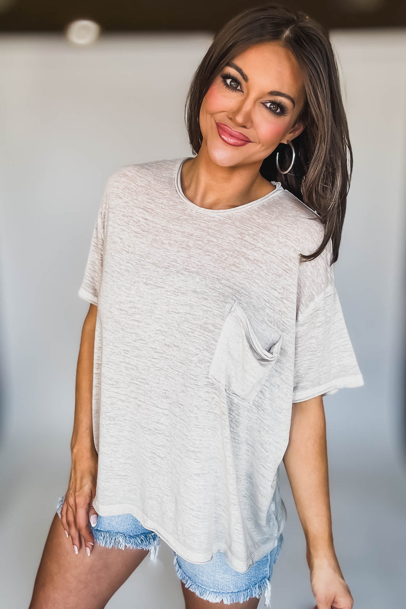 Oversized Light Mocha Washed Melange Burnout Raw Edge Tee