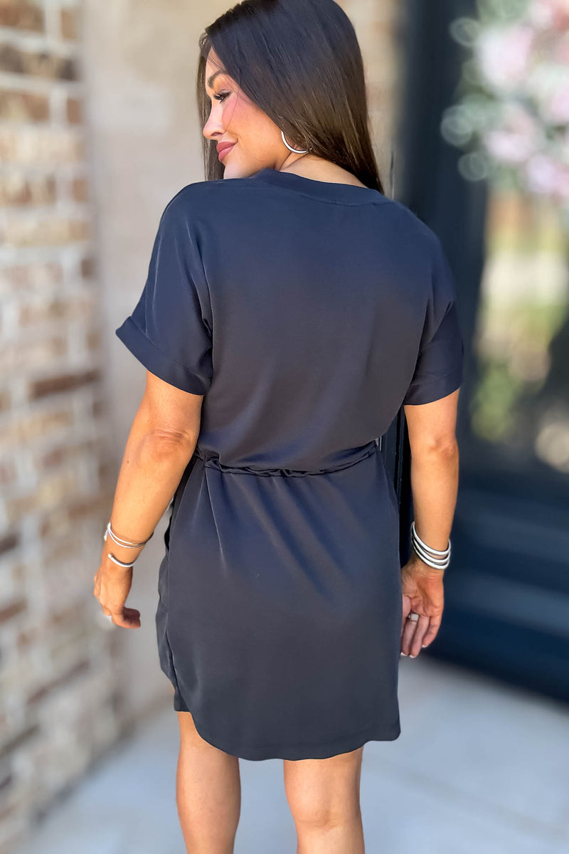 Gotta Go Charcoal Solid Drawstring Waist Pocket Front Mini Dress