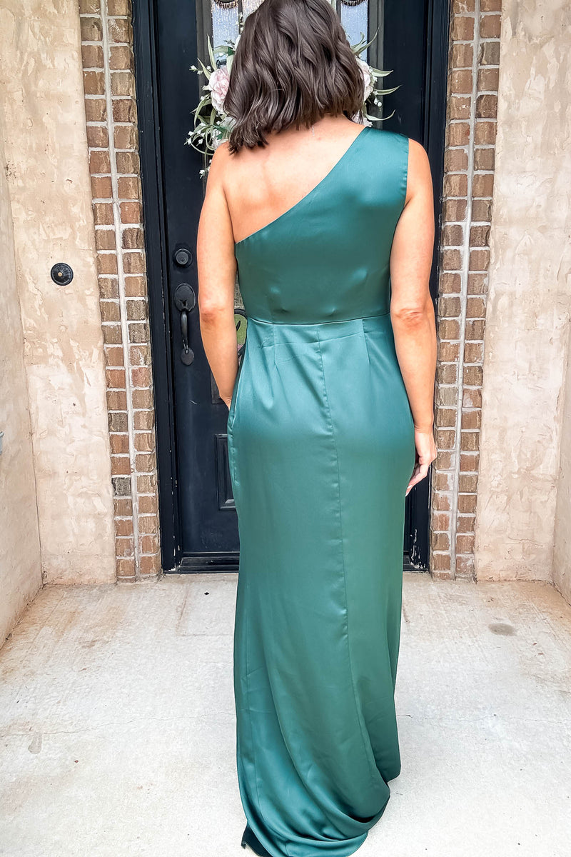 Sugar Lips Hunter Green One Shoulder Surplice Front Slit Maxi Gown Dress