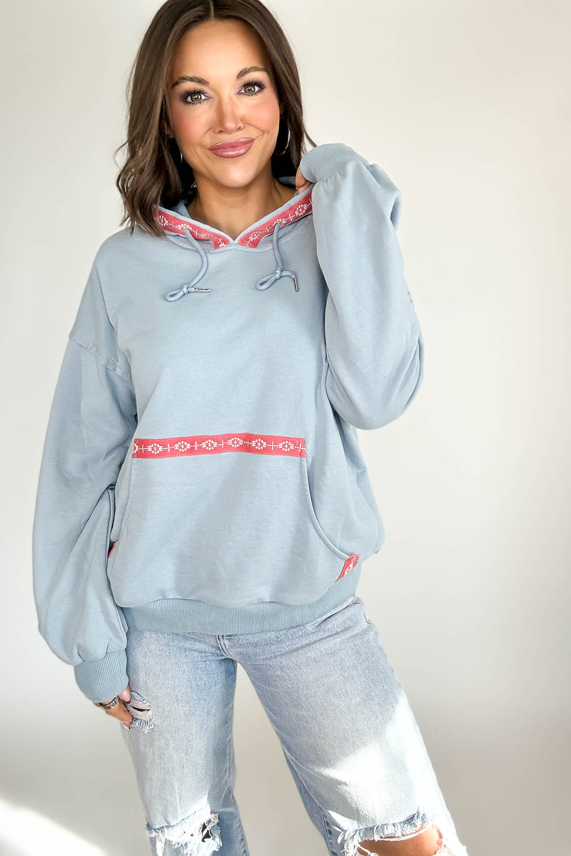 Chambray Garment Washed Embroidered Tape Sweatshirt