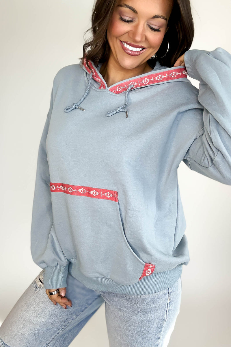 Chambray Garment Washed Embroidered Tape Sweatshirt