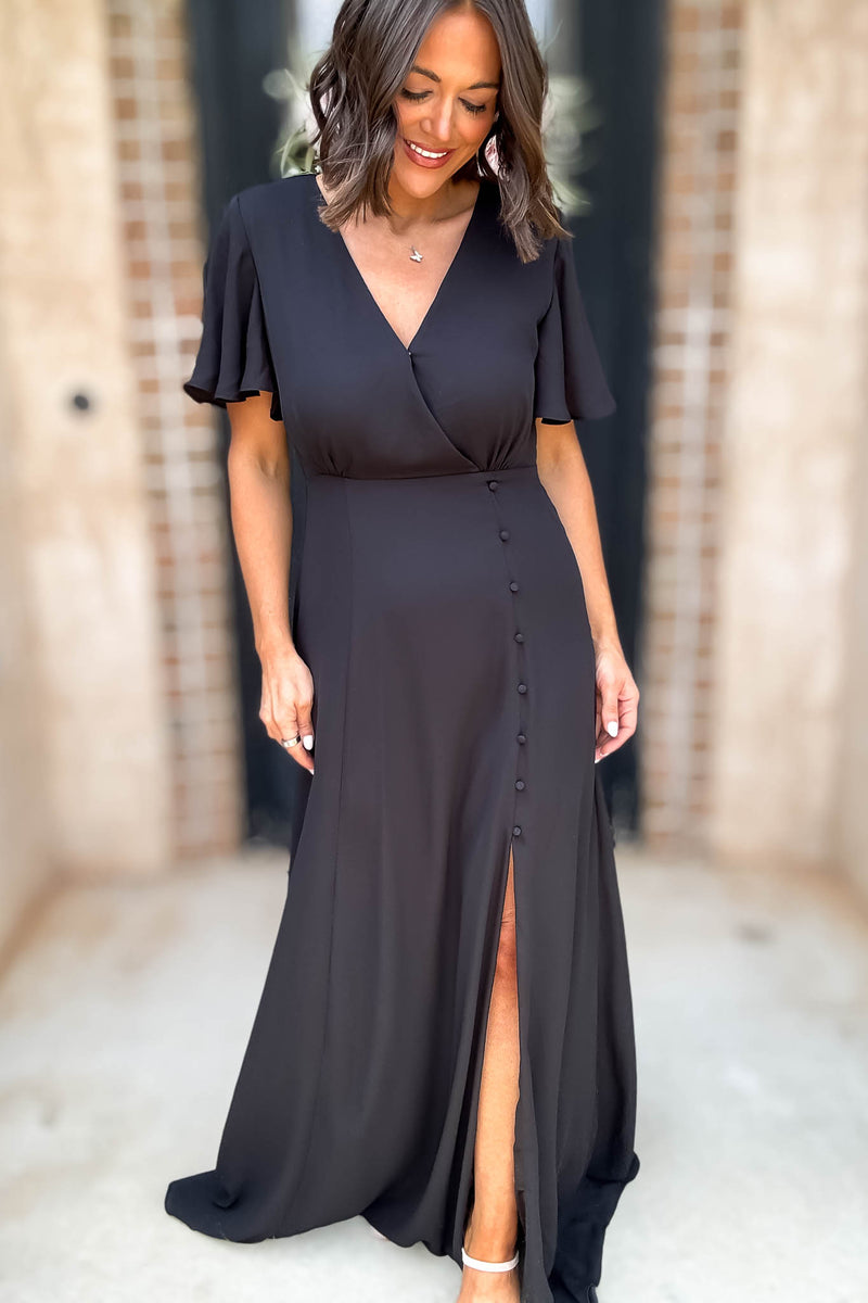 Sugar Lips Black Short Sleeve Surplice Front Slit Maxi Gown Dress