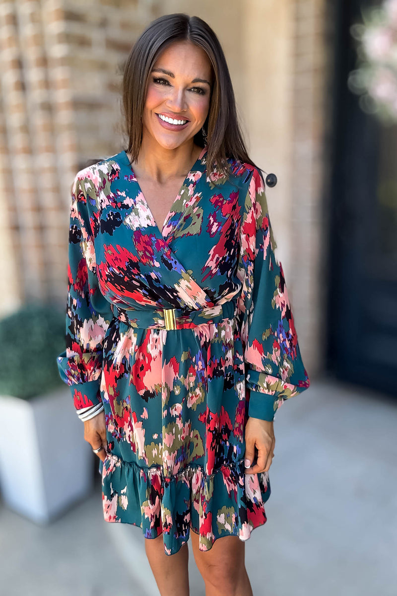 Falling For You Long Sleeve Surplice Belted Multi Print Mini Dress