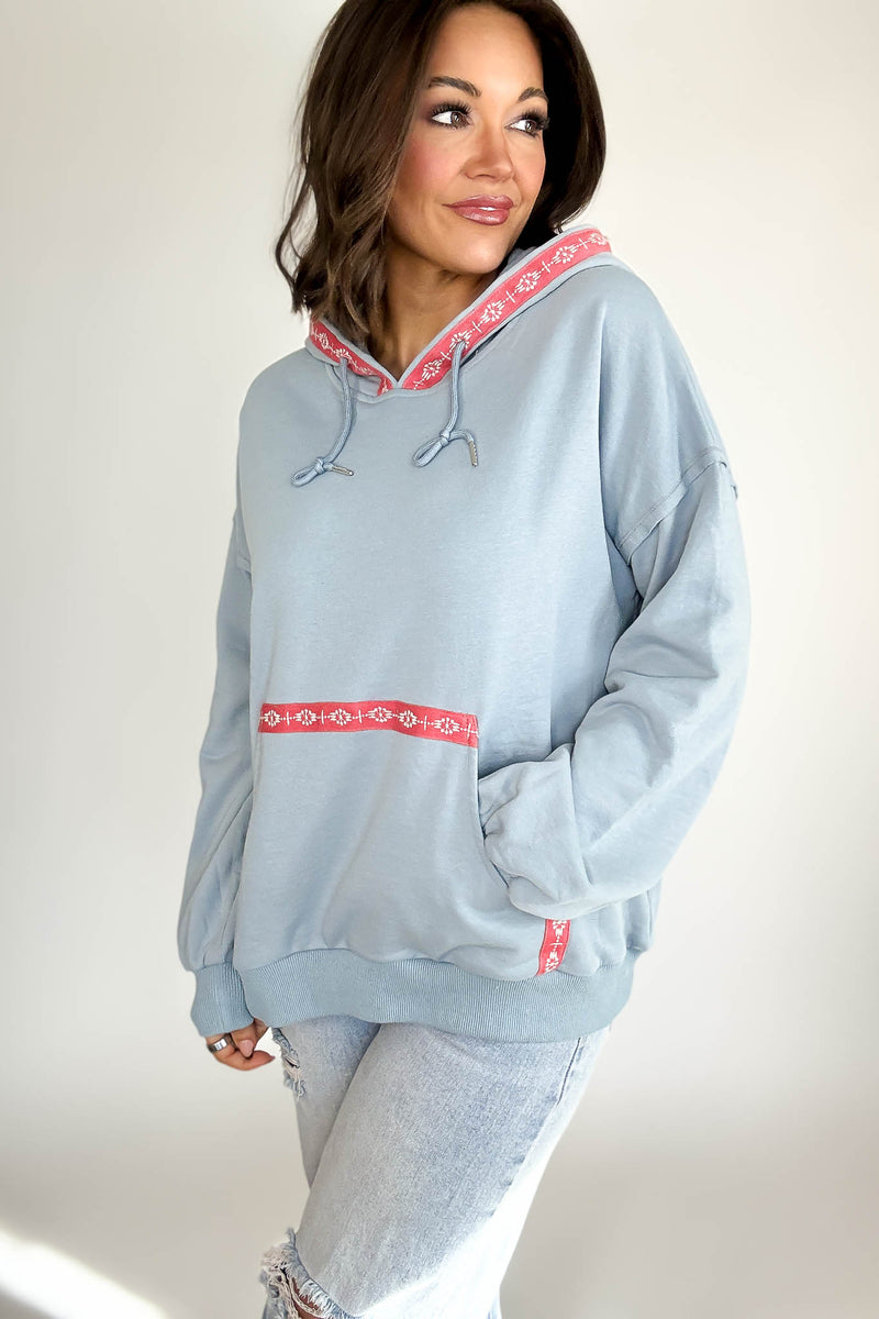 Chambray Garment Washed Embroidered Tape Sweatshirt