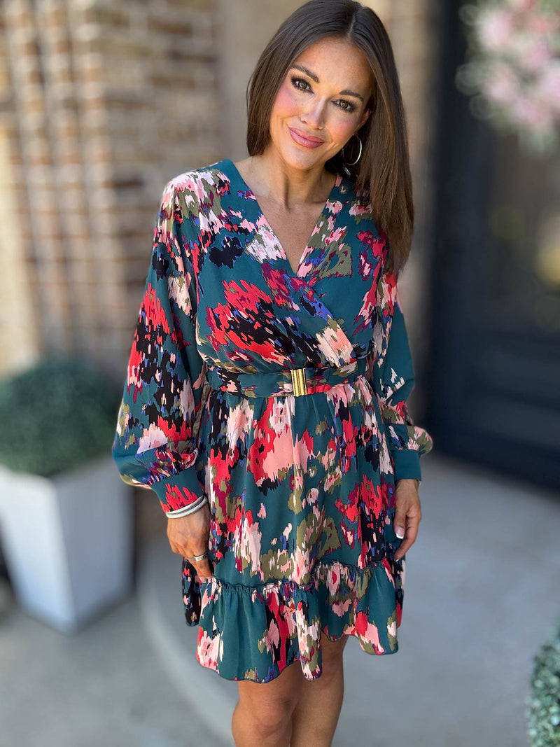 Falling For You Long Sleeve Surplice Belted Multi Print Mini Dress