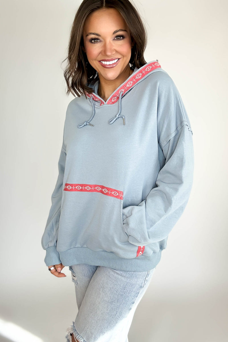 Chambray Garment Washed Embroidered Tape Sweatshirt