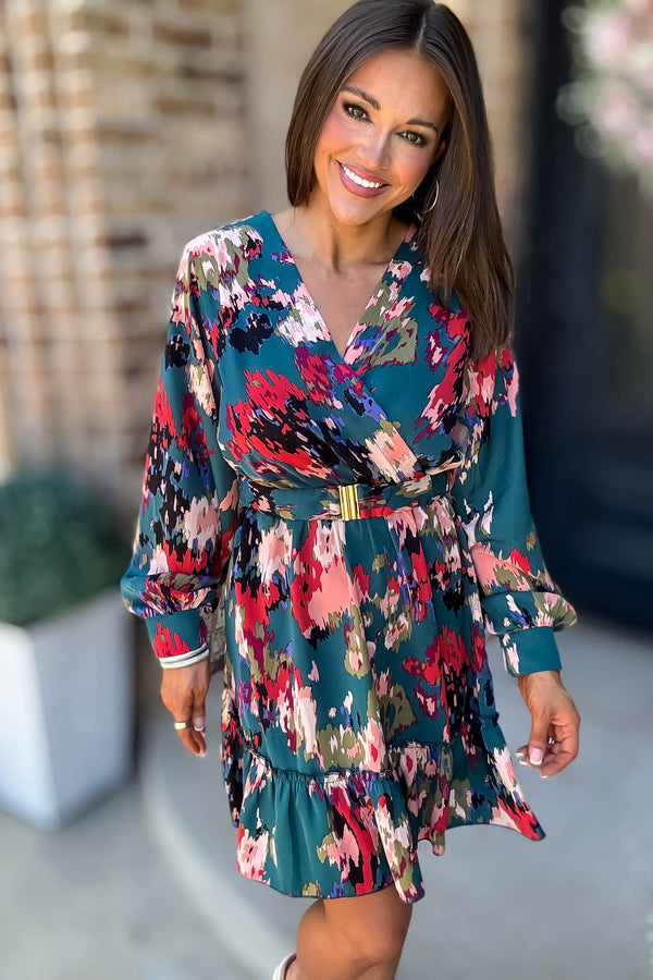 Falling For You Long Sleeve Surplice Belted Multi Print Mini Dress