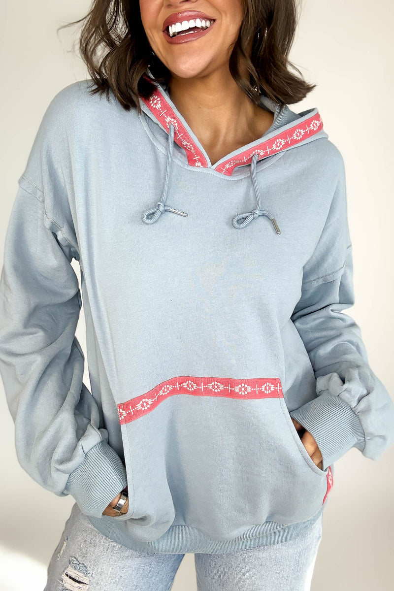 Chambray Garment Washed Embroidered Tape Sweatshirt