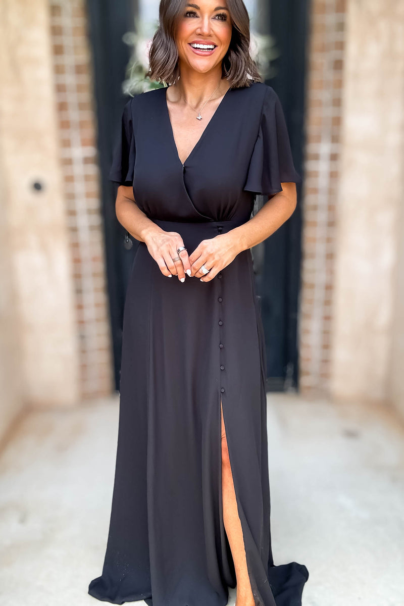 Sugar Lips Black Short Sleeve Surplice Front Slit Maxi Gown Dress