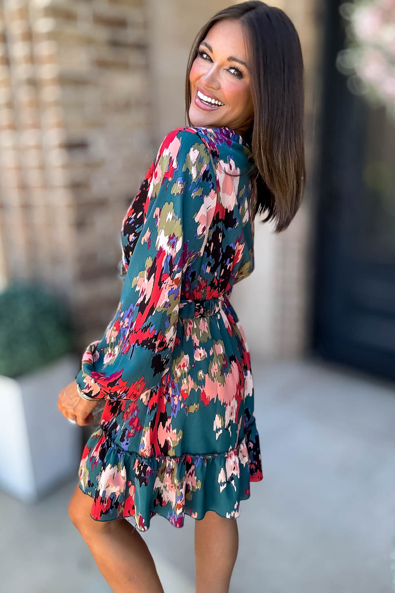 Falling For You Long Sleeve Surplice Belted Multi Print Mini Dress