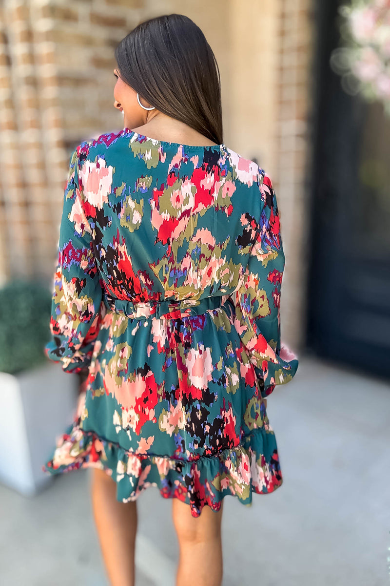 Falling For You Long Sleeve Surplice Belted Multi Print Mini Dress