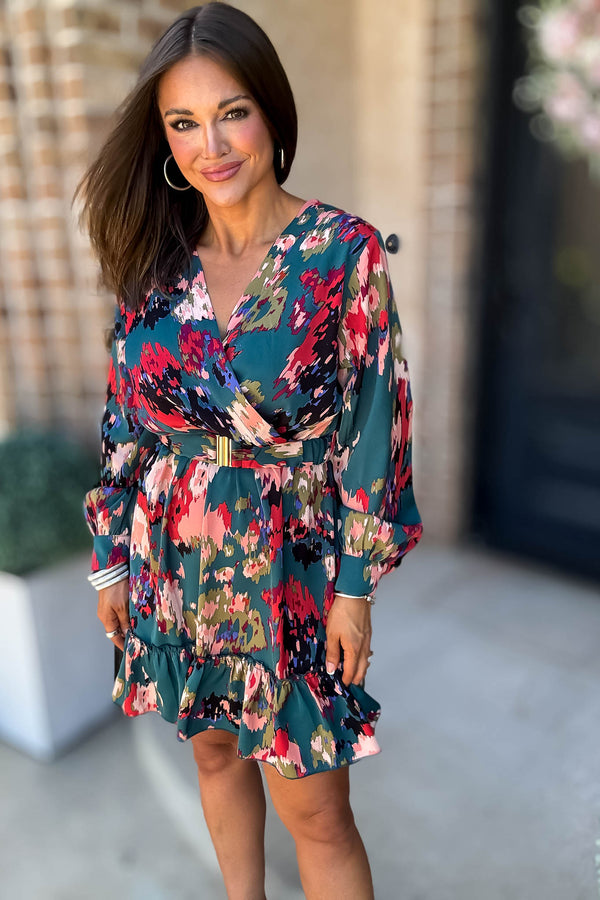 Falling For You Long Sleeve Surplice Belted Multi Print Mini Dress