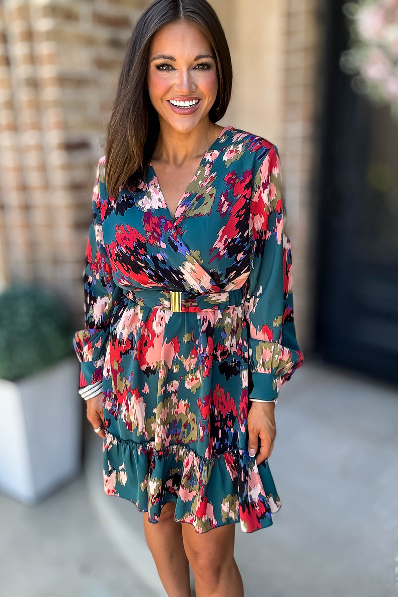 Falling For You Long Sleeve Surplice Belted Multi Print Mini Dress