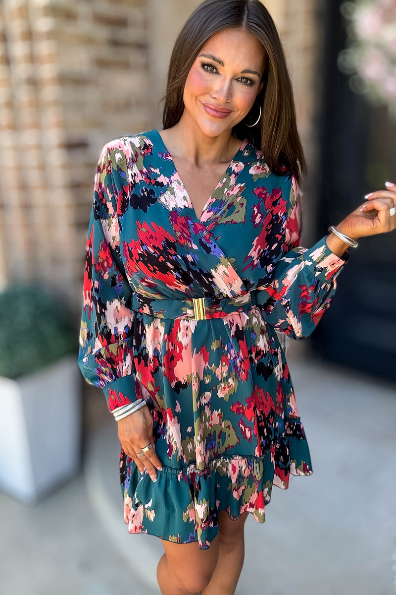 Falling For You Long Sleeve Surplice Belted Multi Print Mini Dress