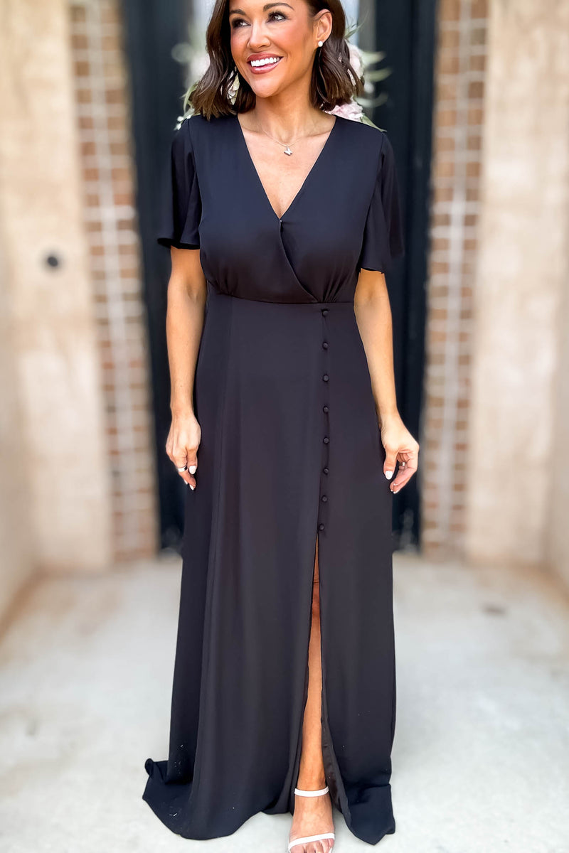 Sugar Lips Black Short Sleeve Surplice Front Slit Maxi Gown Dress