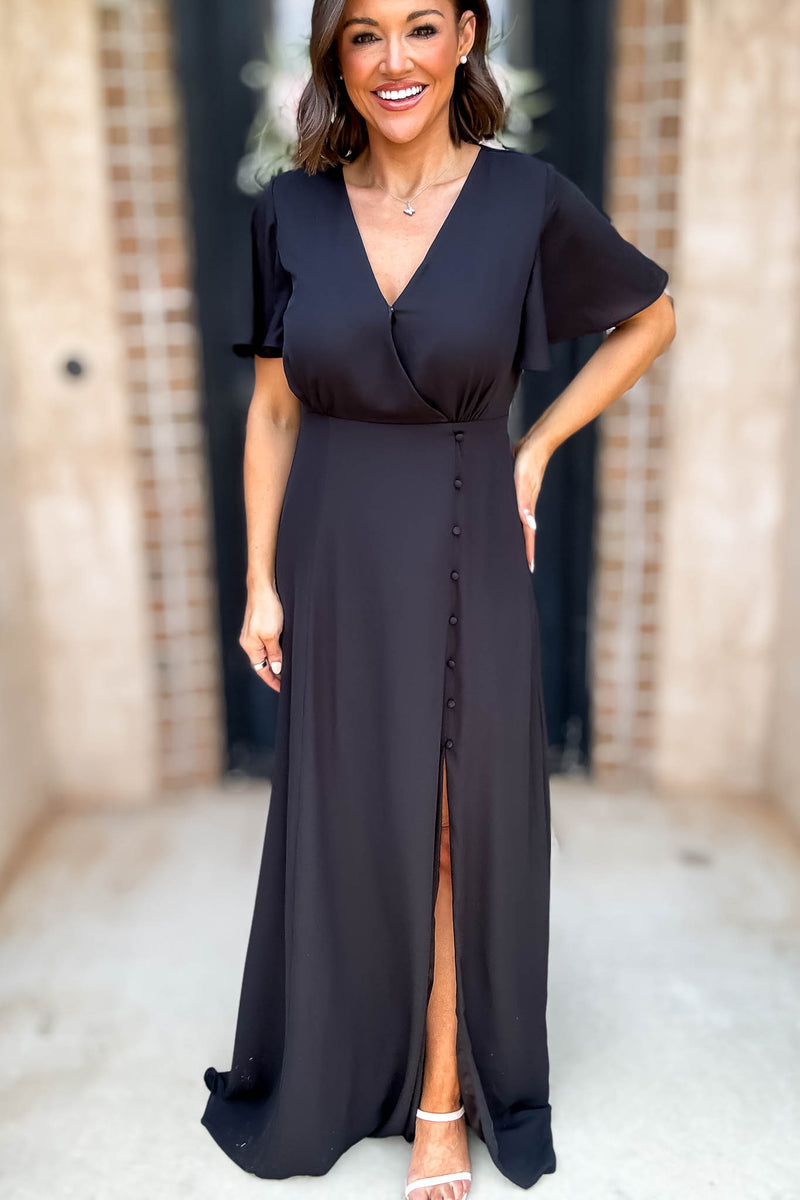 Sugar Lips Black Short Sleeve Surplice Front Slit Maxi Gown Dress