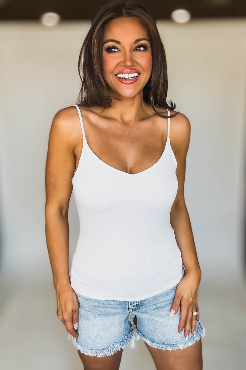 Double Layered White V-Neck Spaghetti Cami Top