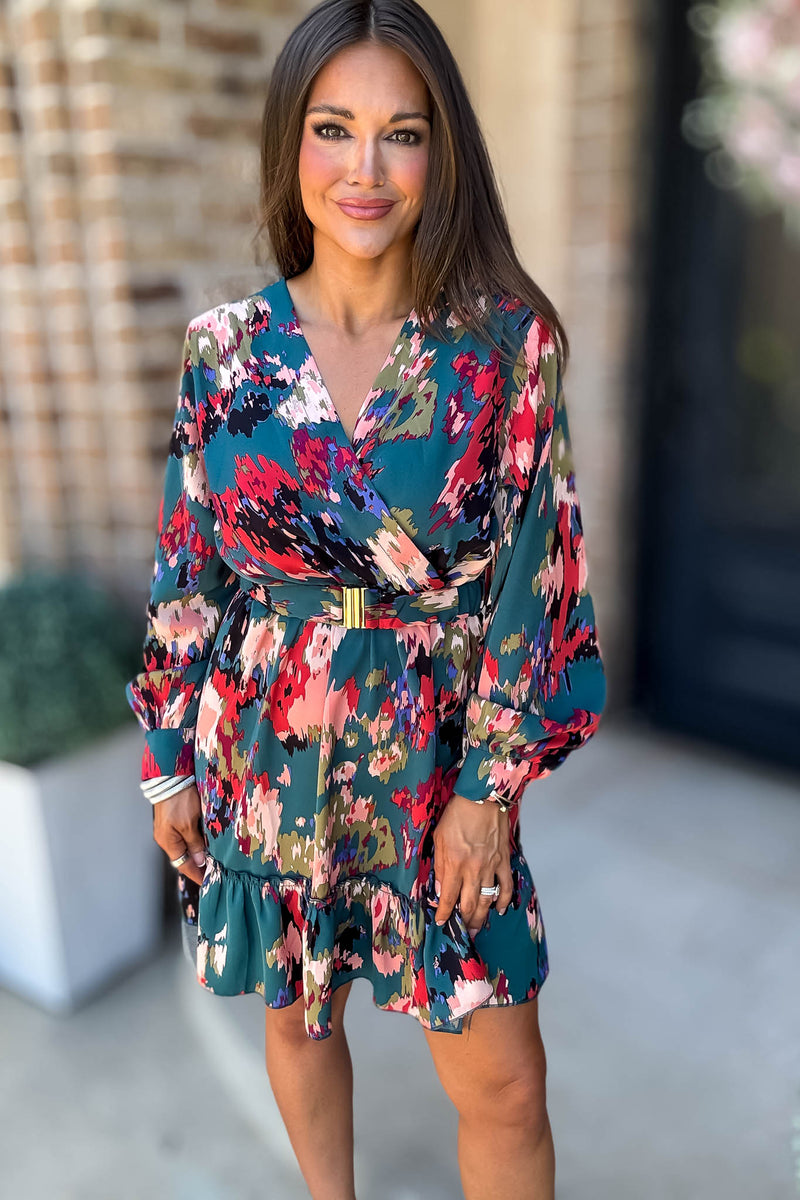 Falling For You Long Sleeve Surplice Belted Multi Print Mini Dress