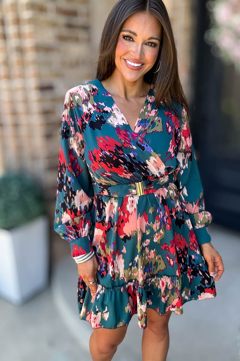 Falling For You Long Sleeve Surplice Belted Multi Print Mini Dress