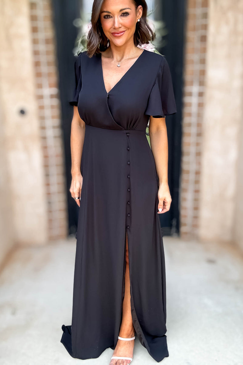 Sugar Lips Black Short Sleeve Surplice Front Slit Maxi Gown Dress