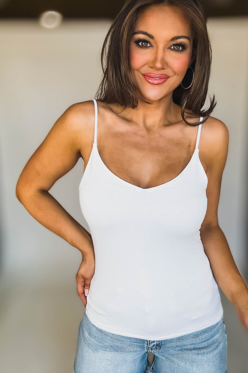 Double Layered White V-Neck Spaghetti Cami Top