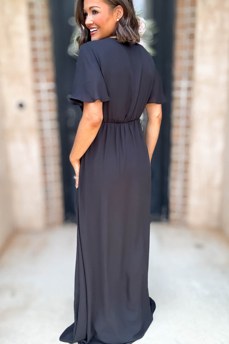 Sugar Lips Black Short Sleeve Surplice Front Slit Maxi Gown Dress