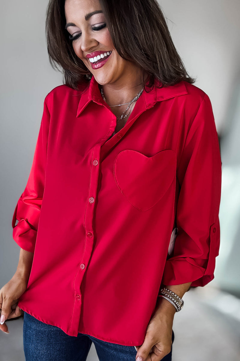 Long Sleeve Red Button Down Top With Heart Shape Pocket