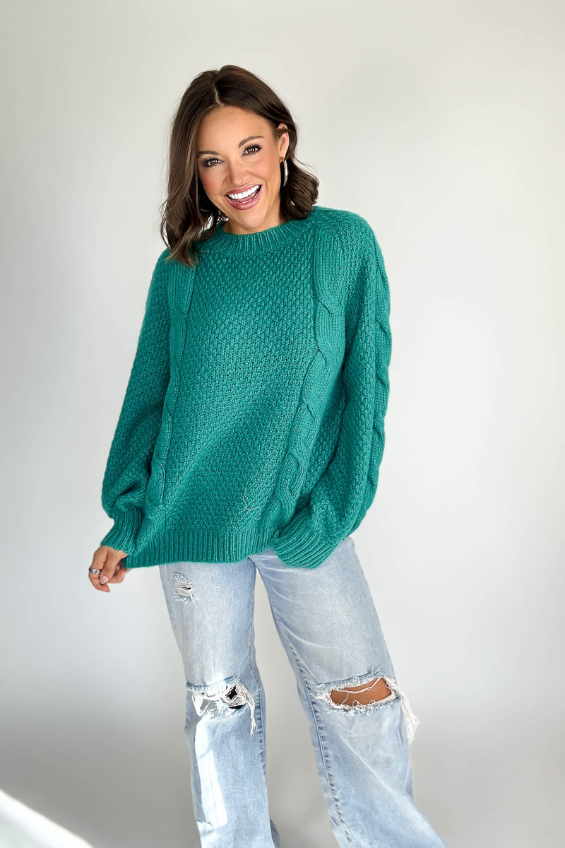 Teal Wool Blend Cable Knit Pullover
