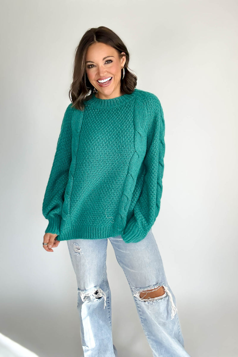 Teal Wool Blend Cable Knit Pullover