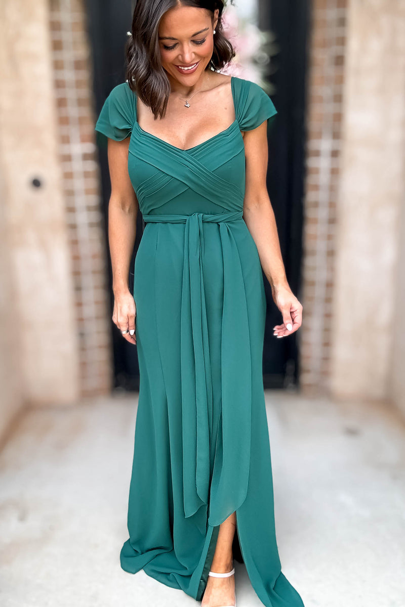 Sleeveless Detailed Hunter Green Front Slit Maxi Gown Dress
