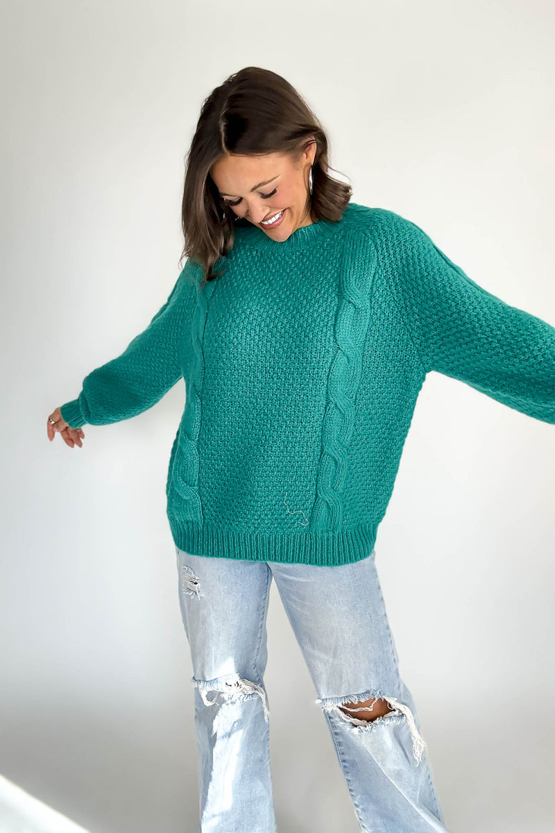 Teal Wool Blend Cable Knit Pullover