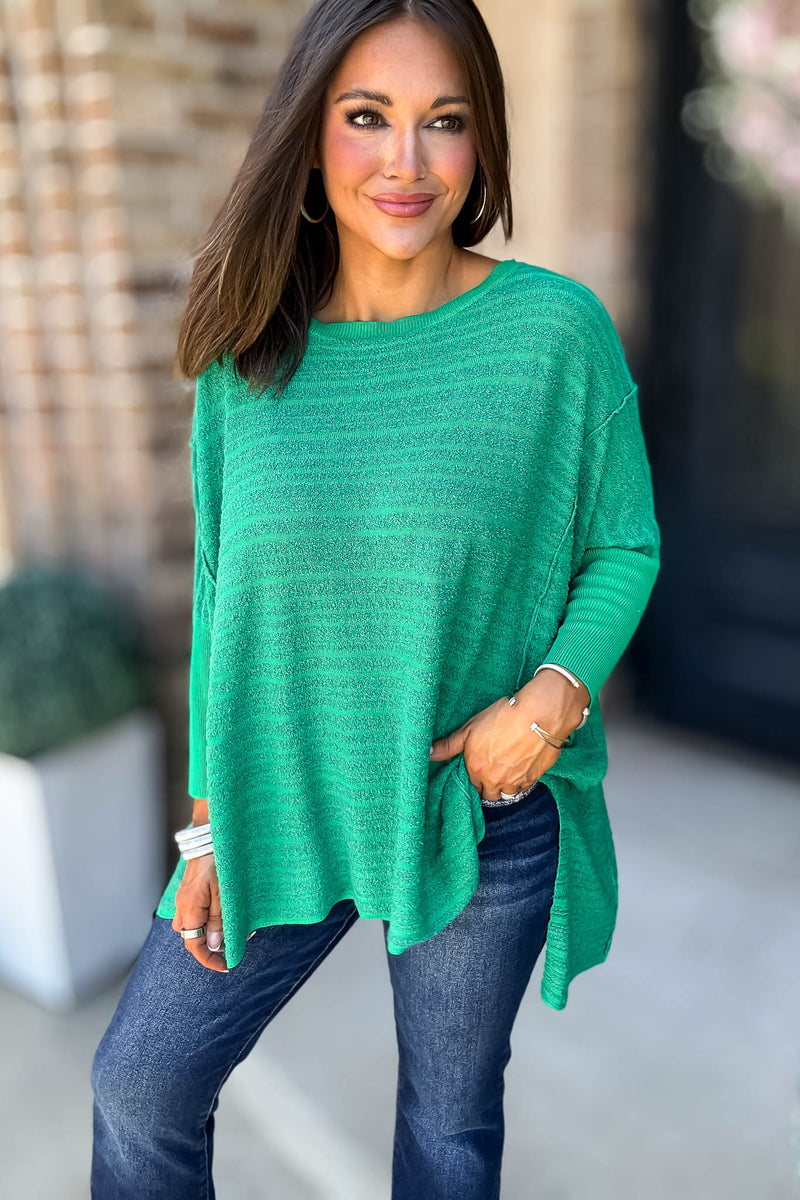 Go For It Green Boat Neck Stripe Sweater Knit Tunic Top