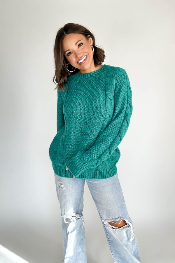 Teal Wool Blend Cable Knit Pullover
