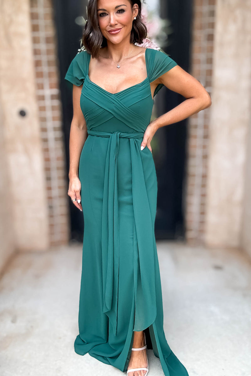 Sleeveless Detailed Hunter Green Front Slit Maxi Gown Dress