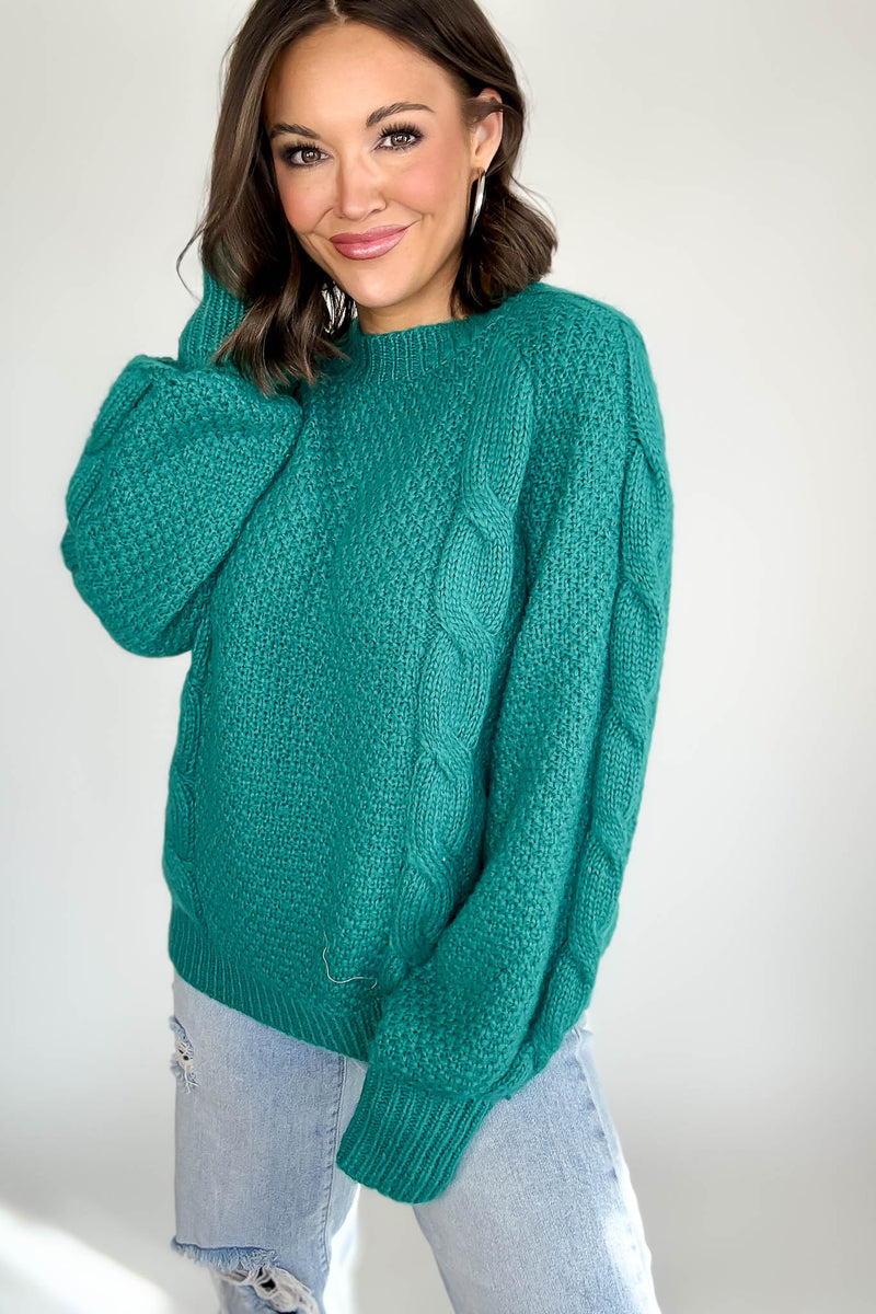 Teal Wool Blend Cable Knit Pullover