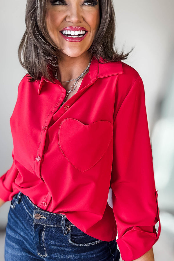 Long Sleeve Red Button Down Top With Heart Shape Pocket