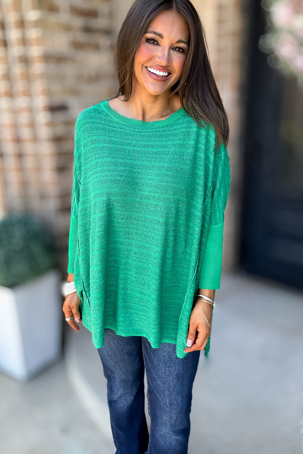 Go For It Green Boat Neck Stripe Sweater Knit Tunic Top