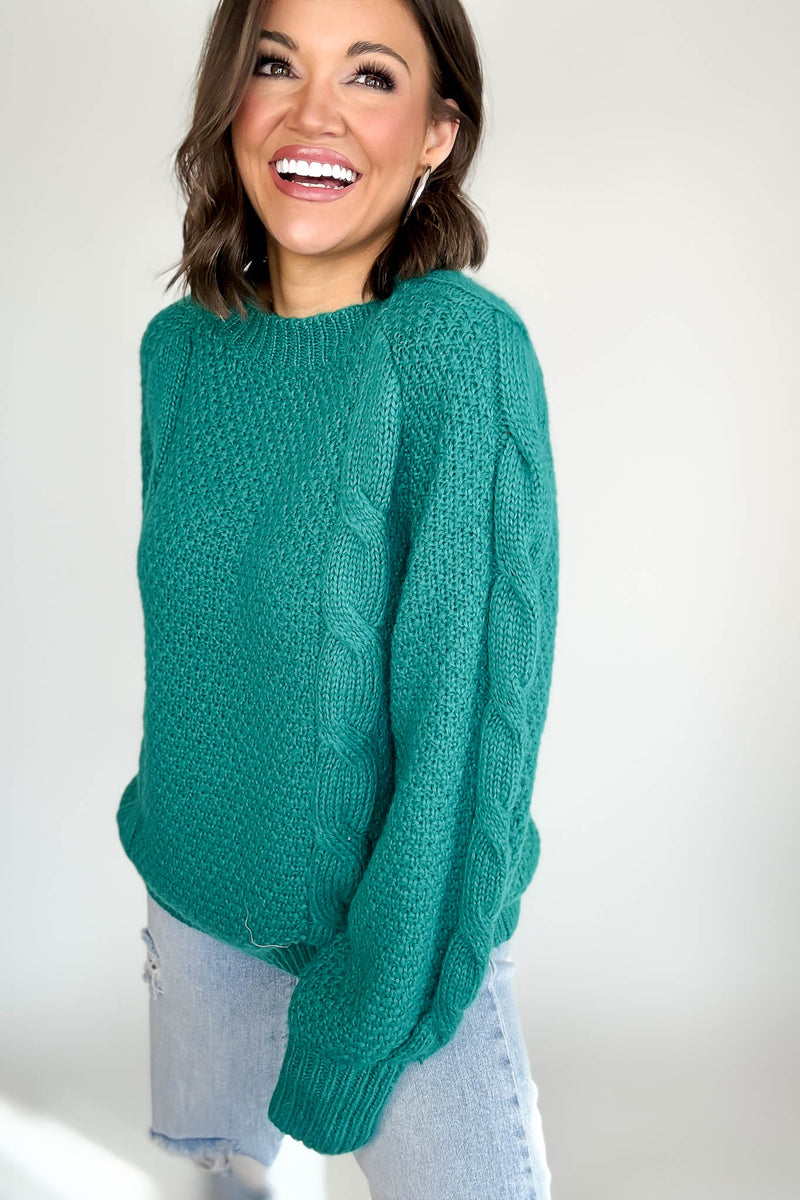 Teal Wool Blend Cable Knit Pullover