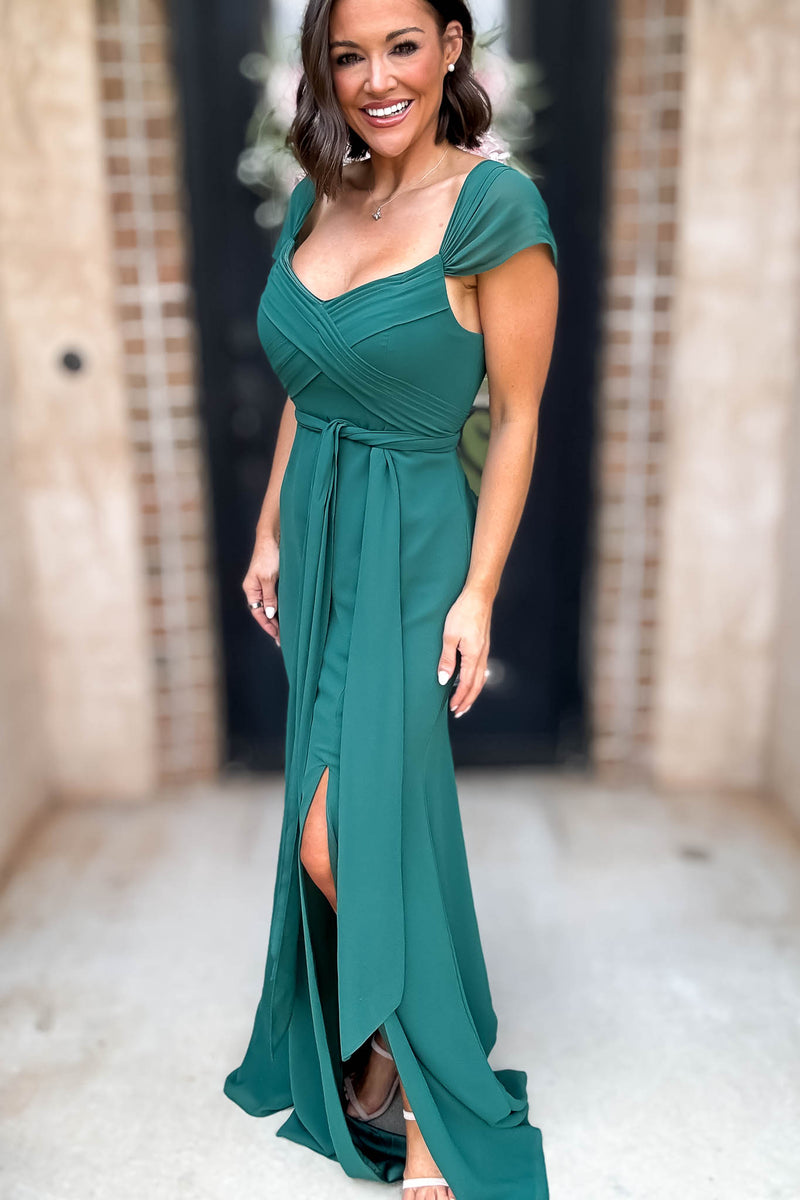 Sleeveless Detailed Hunter Green Front Slit Maxi Gown Dress