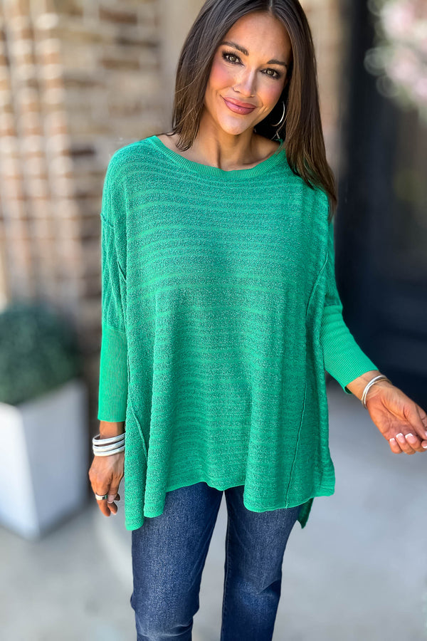 Go For It Green Boat Neck Stripe Sweater Knit Tunic Top