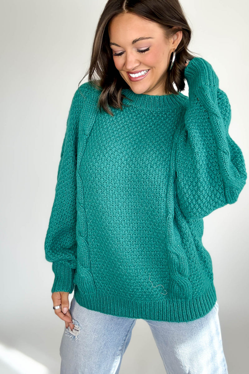 Teal Wool Blend Cable Knit Pullover