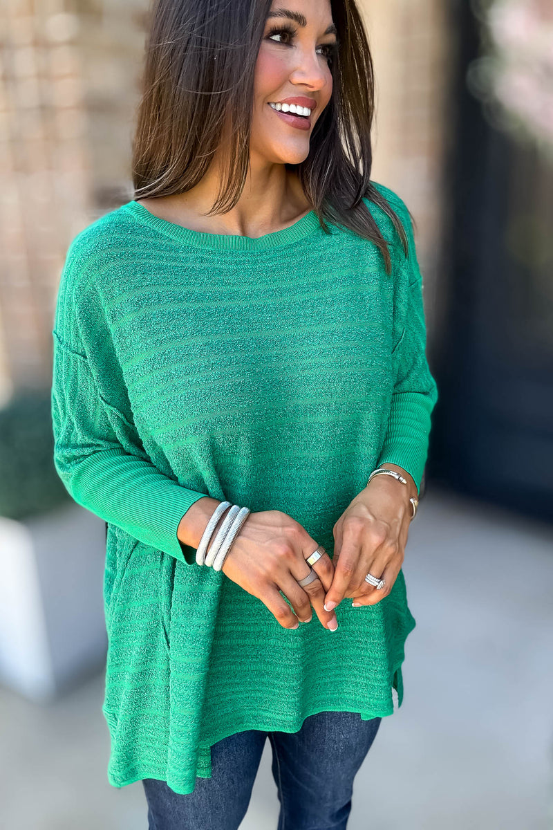 Go For It Green Boat Neck Stripe Sweater Knit Tunic Top