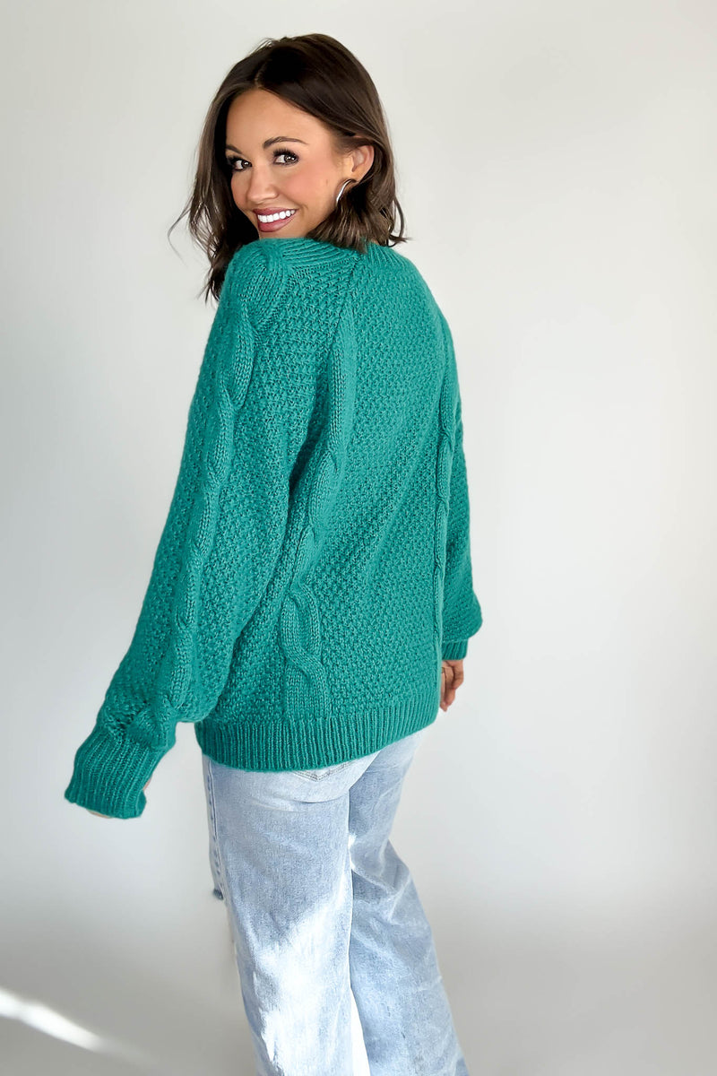 Teal Wool Blend Cable Knit Pullover
