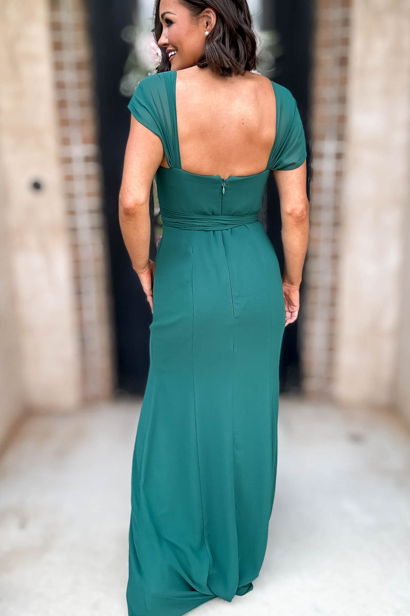Sleeveless Detailed Hunter Green Front Slit Maxi Gown Dress