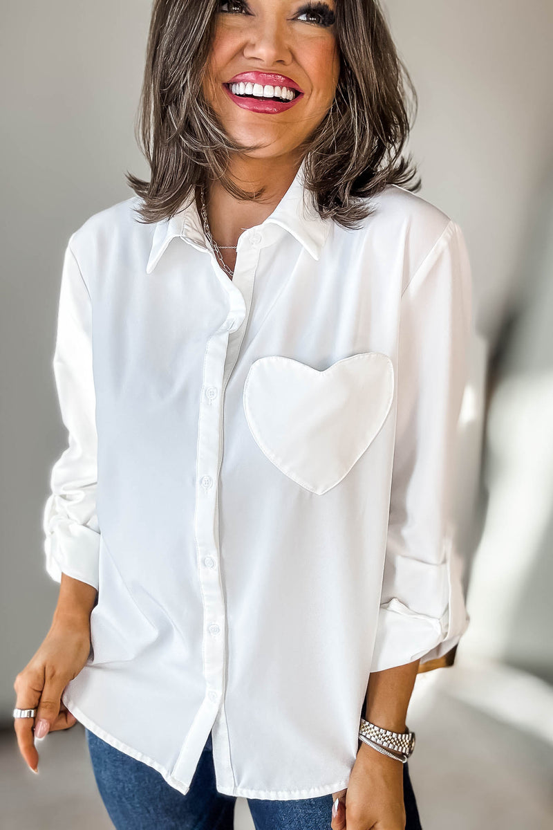 Long Sleeve White Button Down Top With Heart Shape Pocket