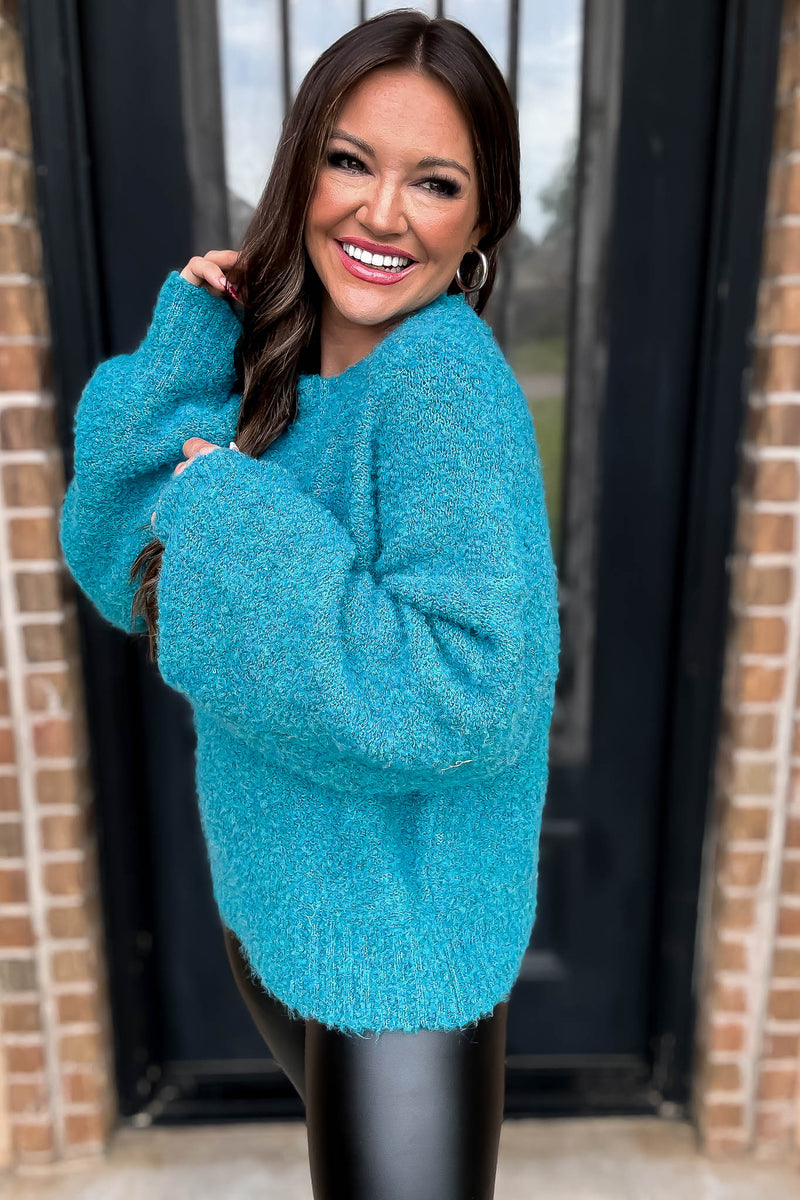 Family Tradition Teal Ballon Sleeve Sweater