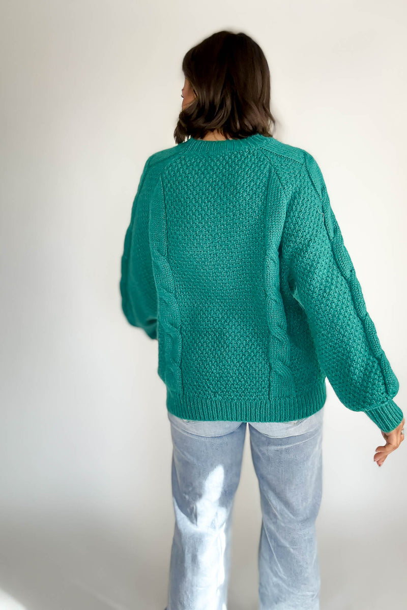 Teal Wool Blend Cable Knit Pullover