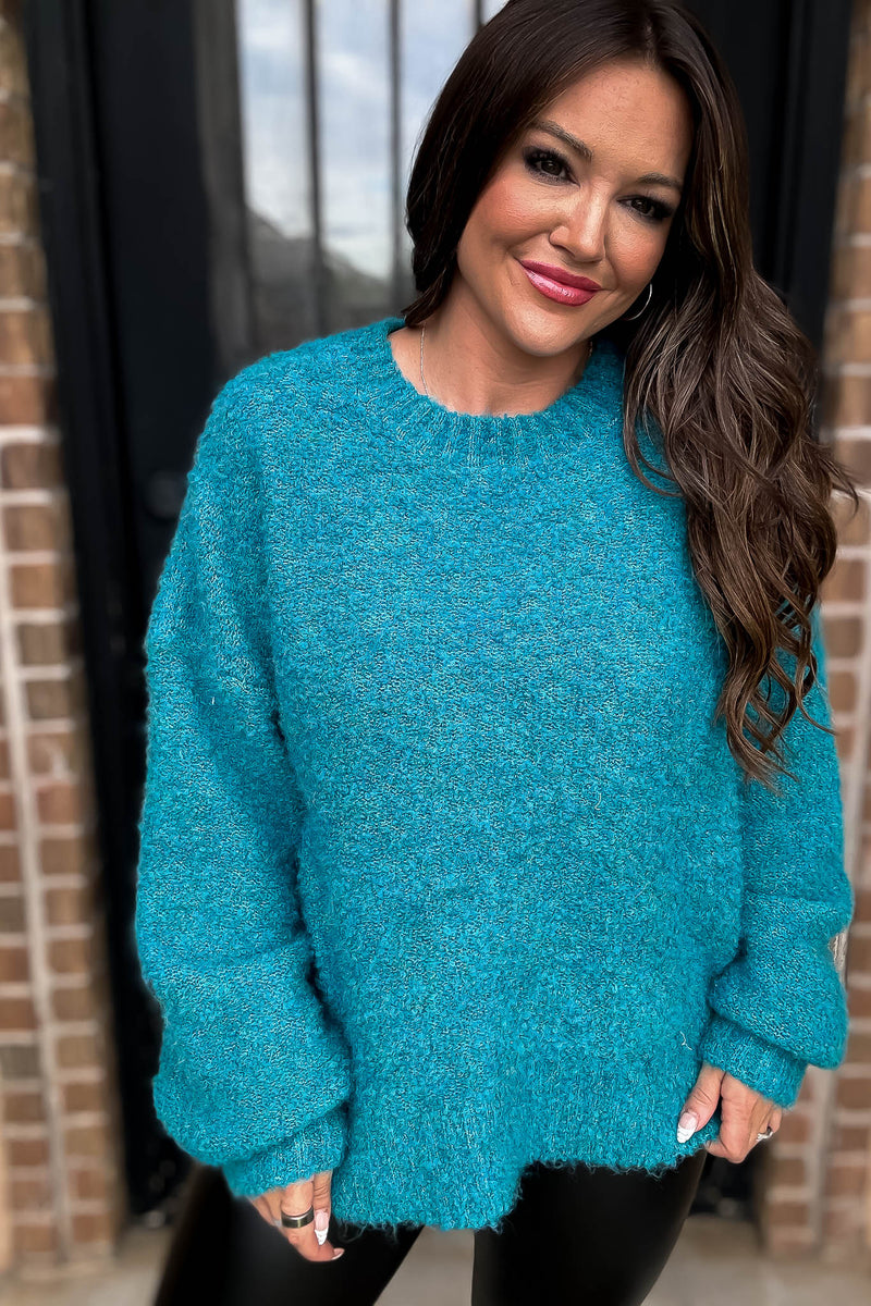 Family Tradition Teal Ballon Sleeve Sweater