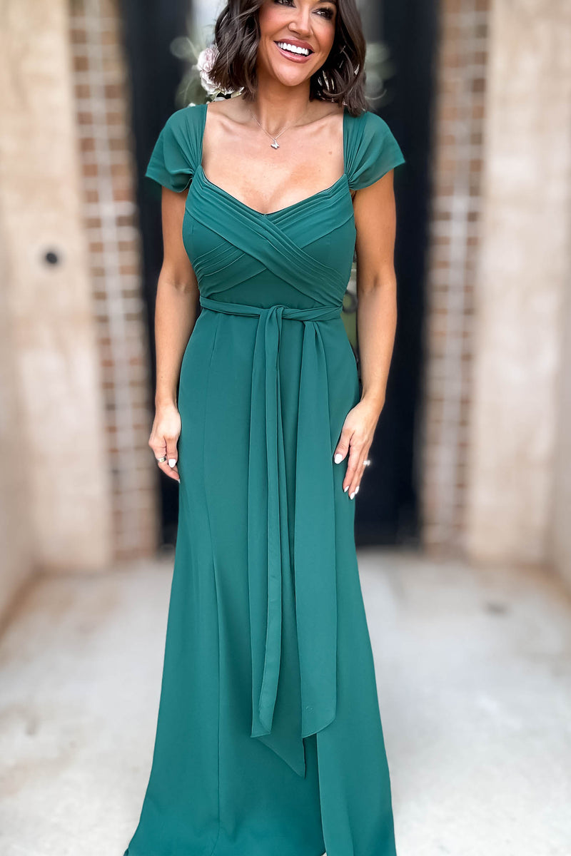 Sleeveless Detailed Hunter Green Front Slit Maxi Gown Dress